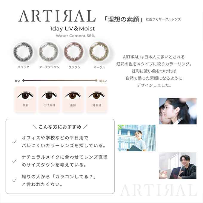 (1箱30枚入) カラコン 1day アーティラル UVモイストワンデー 58% 度あり 度なし ARTIRAL UV&Moist カラーコンタクトレンズ ナチュラル系 14.2mm