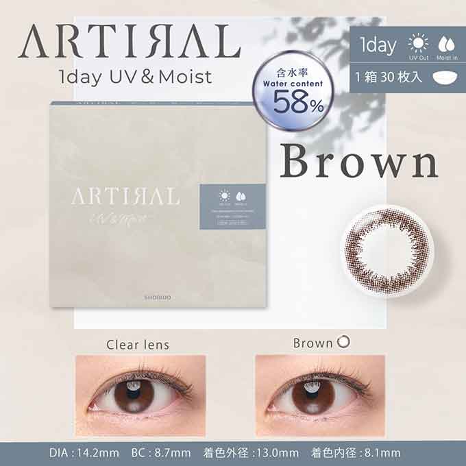 (1箱30枚入) カラコン 1day アーティラル UVモイストワンデー 58% 度あり 度なし ARTIRAL UV&Moist カラーコンタクトレンズ ナチュラル系 14.2mm
