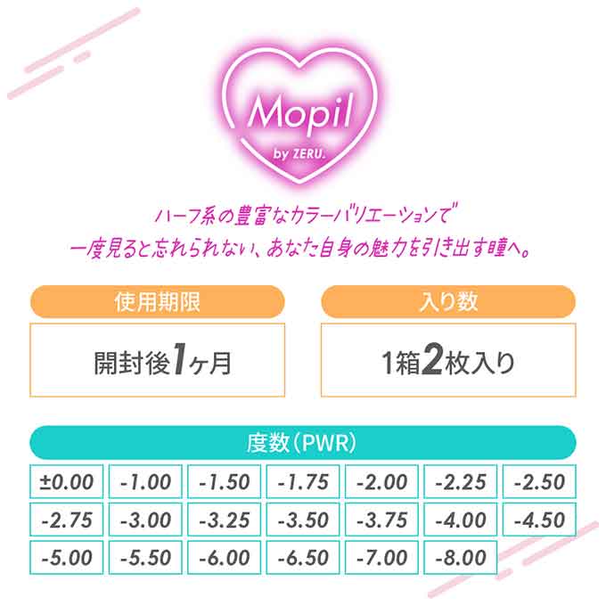 (1箱2枚入)モピル byゼル 1ヶ月 カラーコンタクト Mopil by ZERU. 14.2mm 14.5mm 度なし 度あり マンスリー