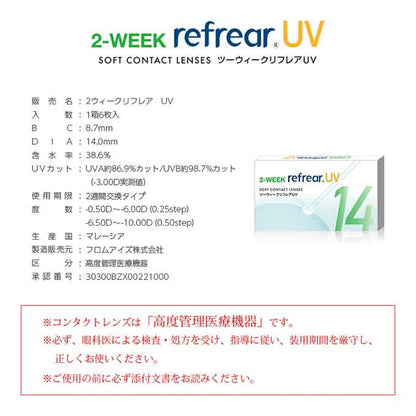 クリアレンズ 2週間 2weekリフレアUV (1箱6枚入) 度あり コンタクトレンズ 無色 透明 14.0mm ソフトコンタクトレンズ　杉野遥亮