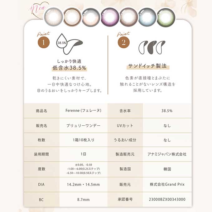 カラコン 1day フェレーヌ ワンデー（1箱10枚入）度あり 度なし カラーコンタクトレンズ 14.2mm 14.5mm　ヘラヘラ三銃士　まりな