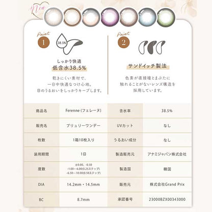 カラコン 1day フェレーヌ ワンデー（1箱10枚入）度あり 度なし カラーコンタクトレンズ 14.2mm 14.5mm　ヘラヘラ三銃士　まりな