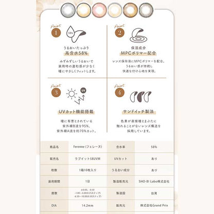 カラコン 1day フェレーヌ ワンデー（1箱10枚入）度あり 度なし カラーコンタクトレンズ 14.2mm 14.5mm　ヘラヘラ三銃士　まりな