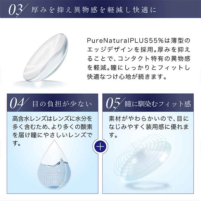 ピュアナチュラルプラス55%UVM 1箱30枚入り 無色クリアレンズ ワンデー 1day/1日交換 使い捨て 14.2mm コンタクトレンズ 度あり/透明  UVカット